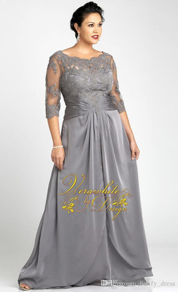 Plus Size Evening Dresses Bateau Neck Gray Chiffon 3/4 Long Sleeves with Appliques Backless Floor Length Special Occasion Formal Party Gowns