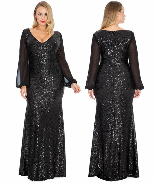 Fashion Sequin Long Chiffon Sleeves Maxi Prom Evening Gown Plus Size Party Dress V Neck Women Dress