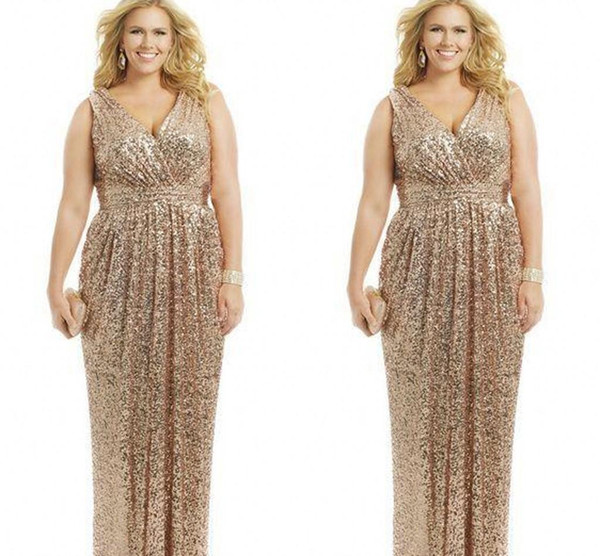 Sexy Plus Size Dresses Rose Gold Sequin Sheath V-Neck Floor Length Evening Gowns Formal Mother of the Bride Prom Dress Custom M009