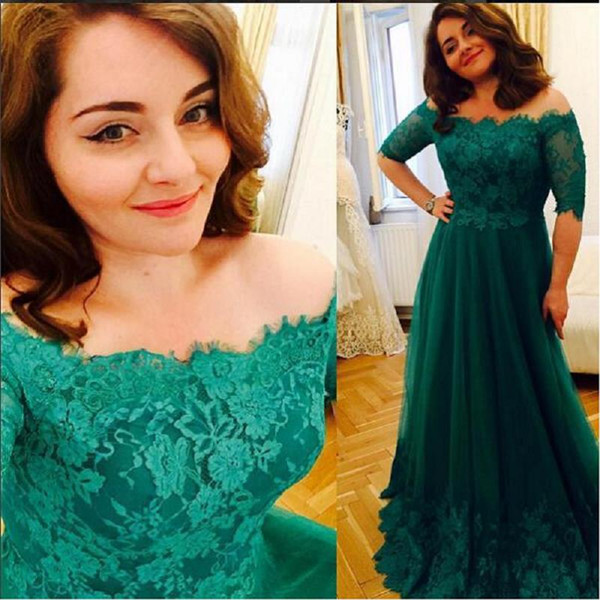 Emerald Green Plus Size Prom Dresses Off The Shoulder A-line Tulle Appliques Lace Maxi Evening Party Gowns Half Sleeves