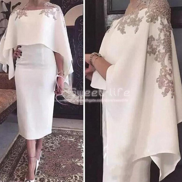 Cape Shawl Half Sleeves Mother of the Bride Dresses Appliques White Tea Length Sheath Cocktail Prom Dress Evening Gowns