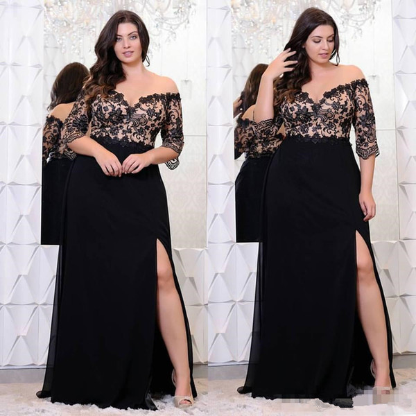 Black Lace Plus Size Evening Dresses With Half Sleeves Off The Shoulder V-Neck Split Side Evening Gowns A-Line Chiffon Formal Prom Dress