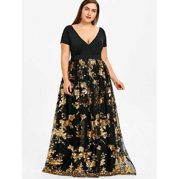 Sparkly Lace Plus Size Prom Dresses A Line V Appliqued Sequined Evening Gown Floor Length Short Sleeves Formal Dress