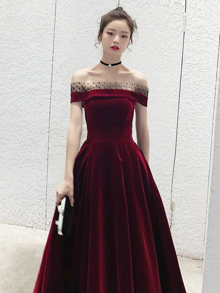 Evening Dress Bridal Wine Autumn And Winter off-Shoulder Large Size Was Thin Temperament Was Thin Late Dress Skirt Evening