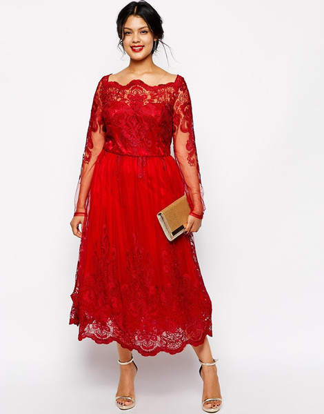 Stunning Red Plus Size Evening Dresses Sleeves Square Neckline Lace Appliqued A-Line Prom Gowns Tulle Tea-Length Formal Dress E010