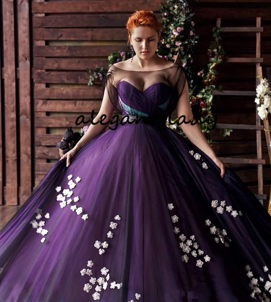 Purple Plus Size Prom Formal Dresses Sheer Bateau Neck Lace Floral Sweep Train Applique Arabic Occasion Evening Gowns