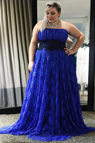 Sexy Royal Blue With Black Lace Prom Evening Dress Long Plus size Strapless Ruched Floor Length Formal Dress New