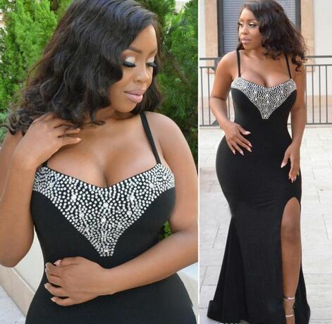 Sexy Black Girls Plus size Special Occasion Dresses Evening Wear Party prom Dress Side Splits Beaded Sequins Long Cheap Formal Gowns