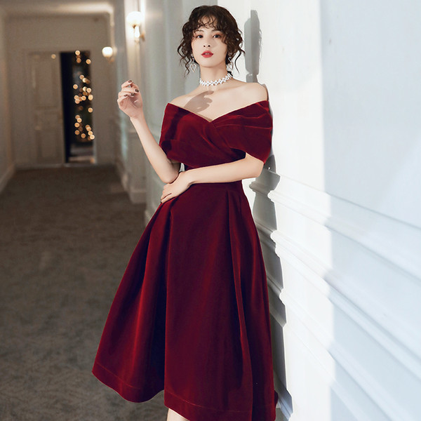 Wine Red Evening Dress Bridal Winter New Evening plus Size Temperament Slim-Fit off-Shoulder Late Small Dress