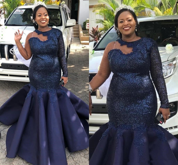 African Plus Size navy blue Evening Dresses Sequined Top Appliques Sequins Mermaid Prom Dress One Shoulder Full Sleeves Vestidos