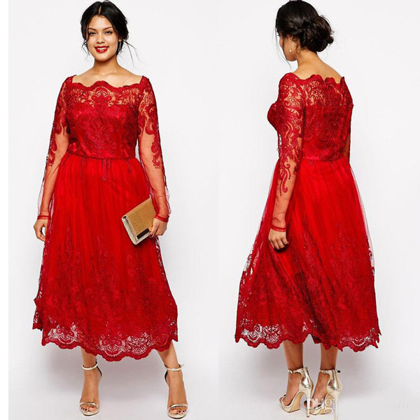 Stunning Red Plus Size Evening Dresses Sleeves Square Neckline Lace Appliqued A-Line Prom Gowns Tulle Tea-Length Formal Dress