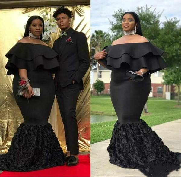 Plus Size Mermaid Prom Dresses Black Off The Shoulder Cheap Evening Gowns Ruched Sweep Train 3D rose floral African Women Formal Party Dress