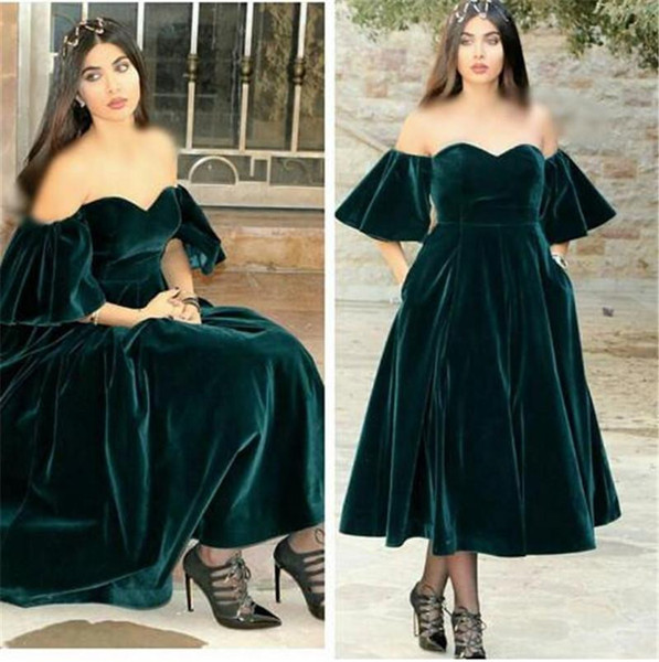 Dark Green Velvet Evening Dress 2017 Vestido De Festa Longo Plus Size Off The Shoulder Tea Length Prom Dresses