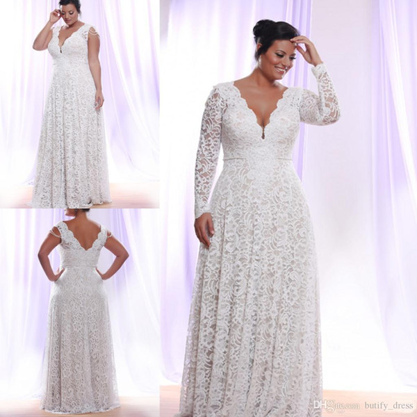 Plus Size Formal Dress Long Sleeves A-Line V Neck Lace Applique Prom Gowns Floor Length Special Occasion Dresses