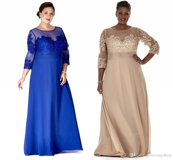 Cheap Chiffon Plus Size Dresses Sheer Neck Long Sleeve Mother Party Prom Dress Evening Gown For Special Occasion With Lace Appliques