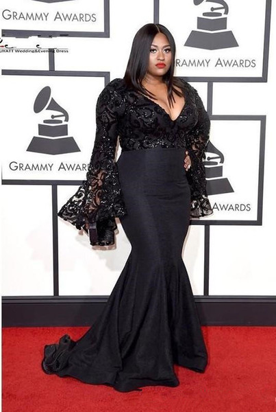 Grammy Awards Plus Size Celebrity Plus Size Evening Dresses Long Sleeves Jazmine Sullivan Sequins Prom Dress Black Lace Mermaid Sexy Gowns