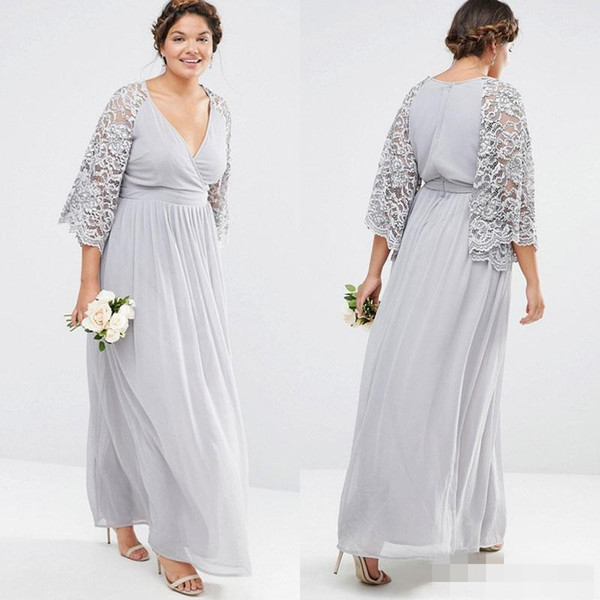 New Arrival Plus Size Bridesmaid Dresses With Lace Sleeves V Neck A-Line Prom Dress Ankle Length Chiffon Evening Gowns