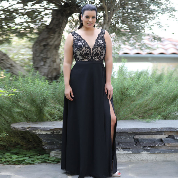 Hot Sale Lace Plus Size Prom Dresses Plunging Neck Side Split Evening Gowns Floor Length Chiffon Formal Dress