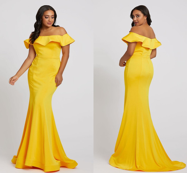 Fashion Yellow Mermaid Evening Prom dresses Plus size Off the shoulder Satin with Sleeve Long Cheap Plus Size Special Occasion Dresses