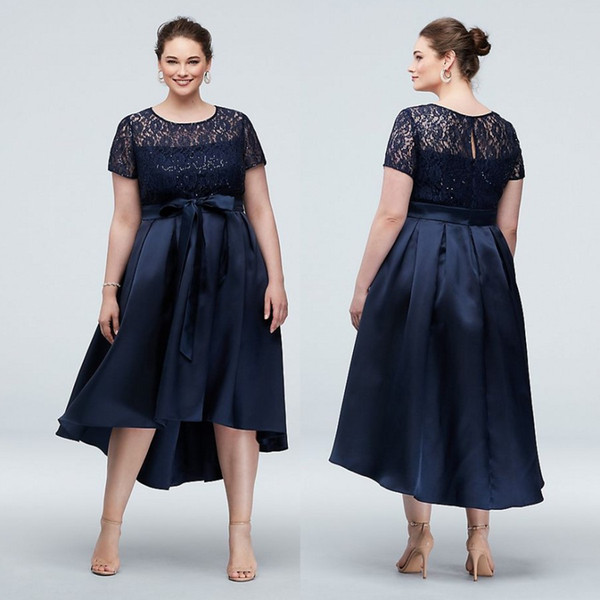 Navy Blue High Low Lace Plus Size Prom Dresses A Line Sheer Jewel Neck Sequined Evening Gown Short Sleeves Satin Formal Dress