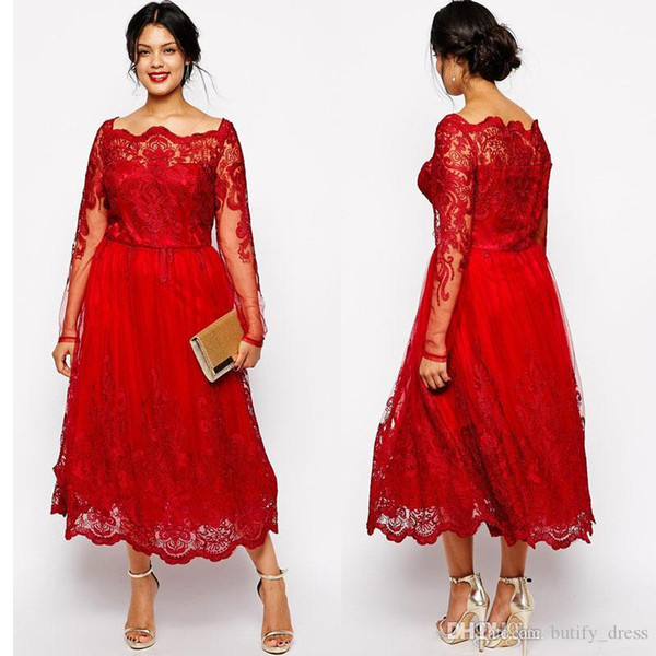 Red Plus Size Evening Dresses Sleeves Square Neckline Lace Appliqued A Line Prom Gowns Tulle Tea Length Special Occasion Formal Dress