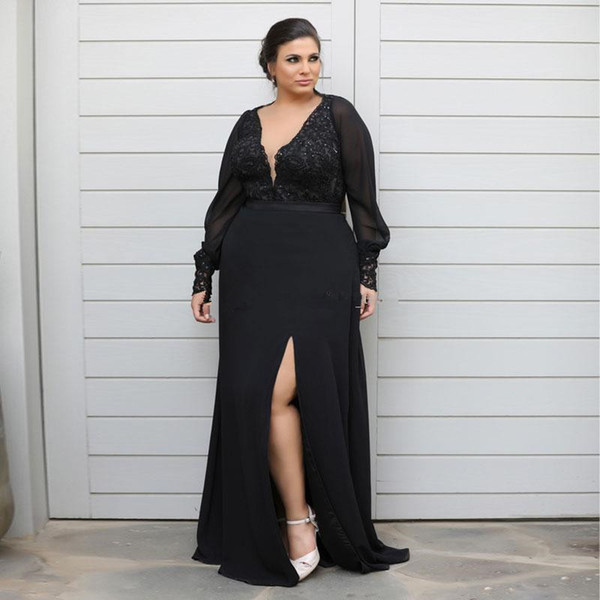 Chic Lace Mermaid Plus Size Prom Dresses Long Sleeves Plunging Neck Beaded Side Split Evening Gowns Floor Length Chiffon Formal Dress
