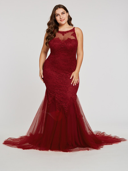 Plus size Prom Dress Burgundy Lace Sheer Neck Backless Mermaid Tulle Long Cheap Evening Formal Dress Gowns Zipper Floor Length