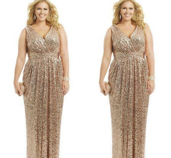 Sexy Plus Size Dresses Rose Gold Sequin Sheath V-Neck Floor Length Evening Gowns Formal Mother of the Bride Prom Dress Custom