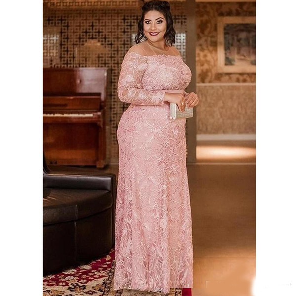 Light Pink Plus Size Lace Prom Dresses Sheer Jewel Neck Long Sleeves Evening Gown Sequined Column Floor Length Formal Dress