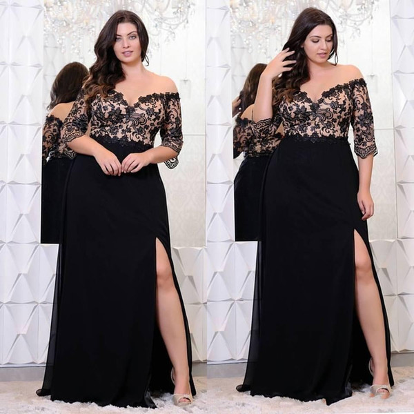 Sexy Black Lace Split Evening Prom Special Occasion Dresses Plus Size With Half Sleeves Lace Beads Off Shoulder Party Vestidos De Noche