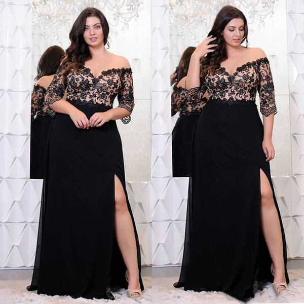 Black Lace Plus Size Prom Dresses With Half Sleeves Off The Shoulder V-Neck Split Side Evening Gowns A-Line Chiffon Formal Dress