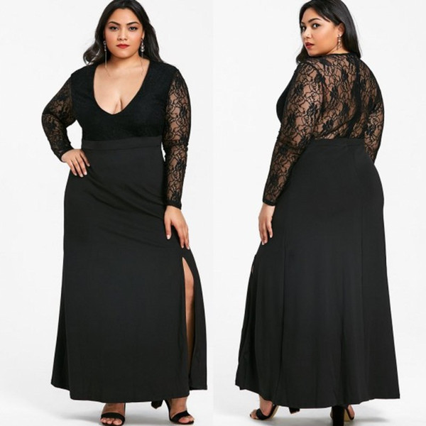 Cheap Lace Plus Size Long Sleeves Prom Dresses A Line Deep V Neck Evening Gown Ankle Length Chiffon Side Split Formal Dress