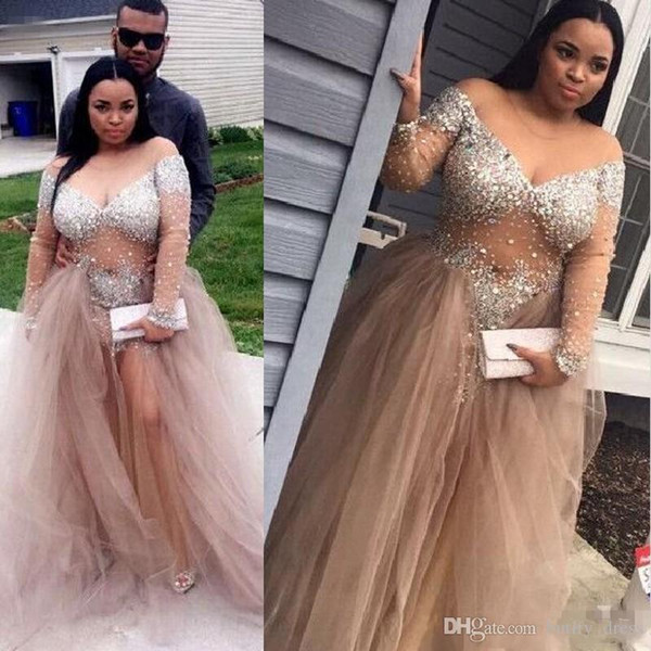 Champagne Crystal Beaded Long Sleeve Evening Formal Dresses Sheer Neck Plus Size Off Shoulder Full length Special Occasion Prom Gowns