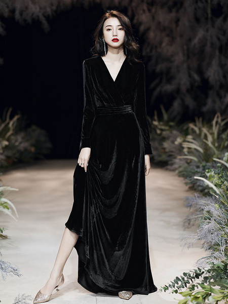 Black Velvet Evening Gown Womens New Annual Meeting Banquet Long Sleeve Winter Dress Usually Wear plus Size