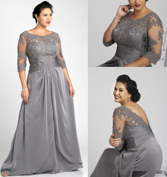 Vintage Plus Size Evening Dresses Bateau Neck Gray Chiffon 3/4 Long Sleeves with Appliques Zipper Back Floor-Length Formal Party Gowns