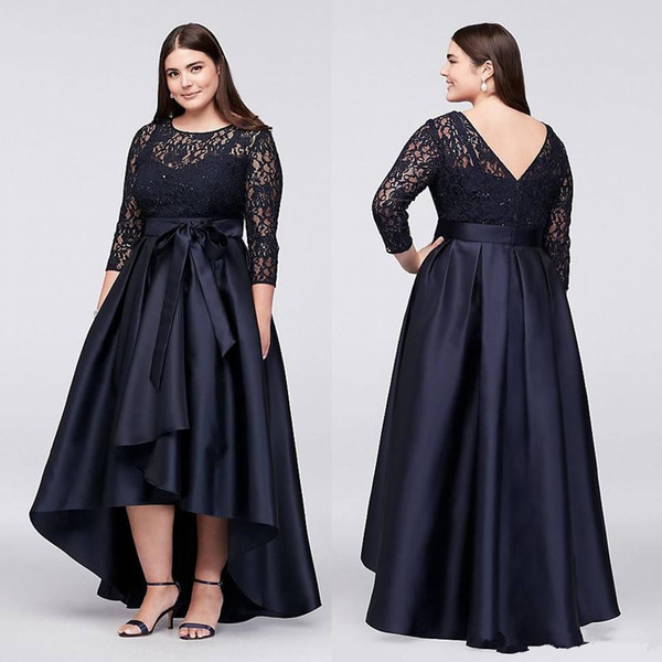 Navy blue Plus Size High Low Mother Of the Bride Groom Dresses With Half Sleeves Sheer Jewel Neck Lace Women prom Evening Gowns