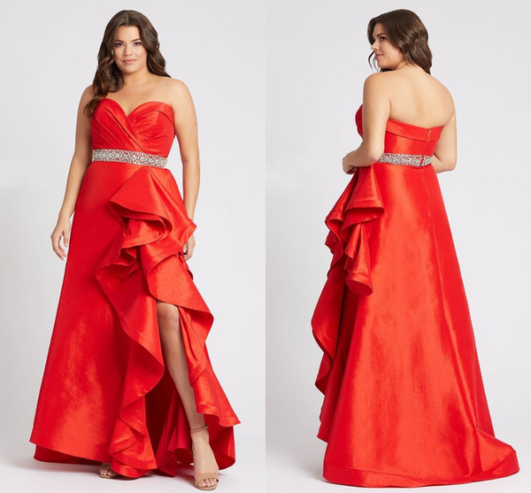 Sexy Side Slit Red Evening Prom dresses Plus size Ruffled Satin Sweetheart Crystal Ribbon Long Cheap Plus Size Special Occasion Dresses