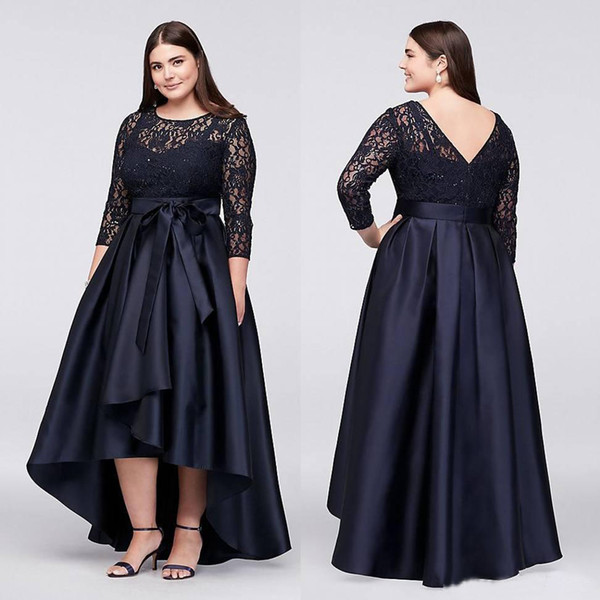 Navy Blue Plus Size High Low Formal Dresses with Half Sleeves Sheer Jewel Neck Lace Evening Gowns A Line Short Prom Dress