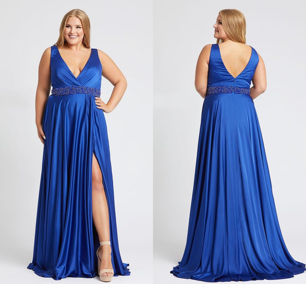 New Arrival Royal Blue Plus size Special Occasion Evening Prom Dress Deep V neck Side Slit Crystal Rhinestones Beaded Formal Gowns