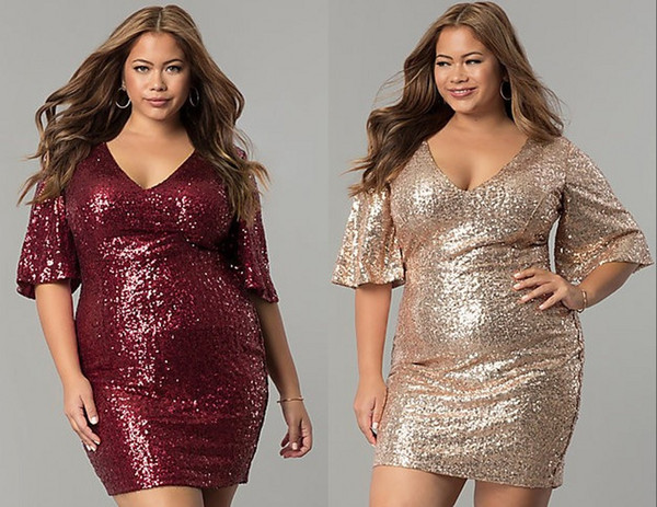 Simple Gold Burgundy Short Prom Evening Dresses Plus size V neck With Short Sleeves Sequined Fabric Sheath Cocktail Party Dress