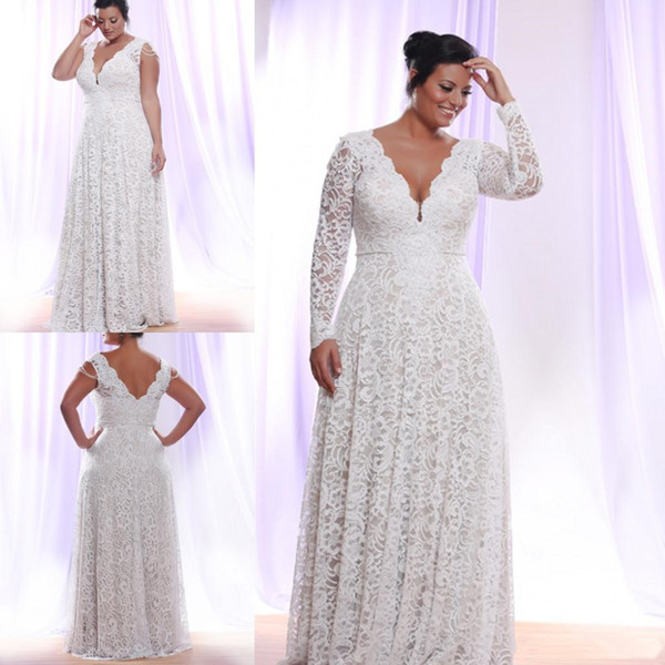 Plus Size Formal Dresses Long Sleeves V Neck Lace Applique Prom Gowns Floor Length Vintage Best Selling Bridal Dress