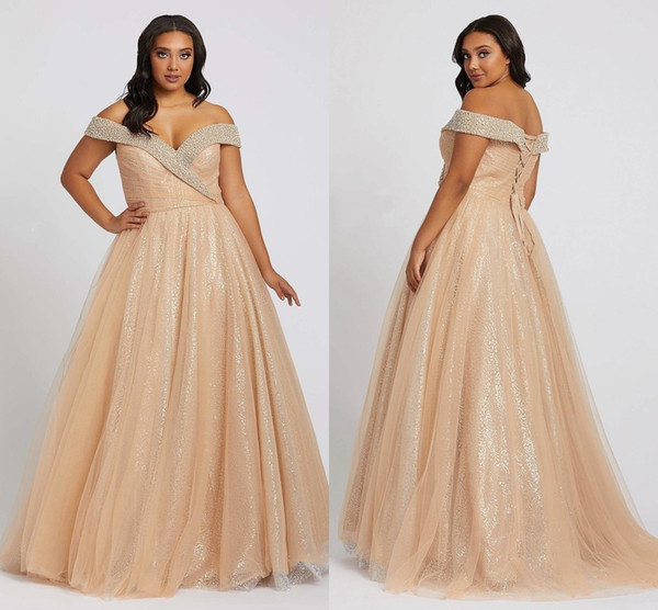 Hot Sale Gold Off the shoulder Plus size Special Occasion Evening Prom Dress with Sleeves Sequined Tulle Ruched A line Formal Gowns