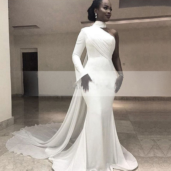 Modern White High Neck Single Long Sleeve Mermaid Formal Evening Dresses Chiffon Train Simple Trumpet Africa Women's Evening Gowns 2017