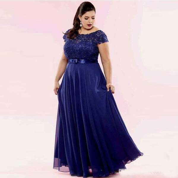 Charming Navy Lace Plus Size Prom Dresses Sheer Bateau Neck Beaded Evening Gowns Sleeves A-Line Floor Length Chiffon Formal Dress