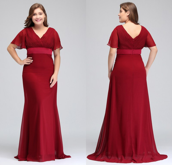 2018 New Cheap Dark Red Plus Size Occasion Dresses with Short Sleeves V Neck Pleats Chiffon Formal Evening Prom Gowns CPS715