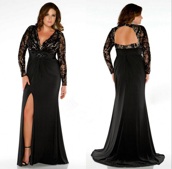 Plus Size Women Prom Evening Gowns Floor Length Deep V-Neck Backless Long Sleeve High Split Mother Of The Bride Formal Dresses New