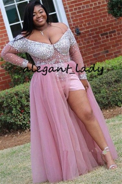 Vintage Pink Long Sleeve Occasion Prom Formal Dresses with Long Sleeve Sparkly Crystal Short Evening Dress with Long Overskirt