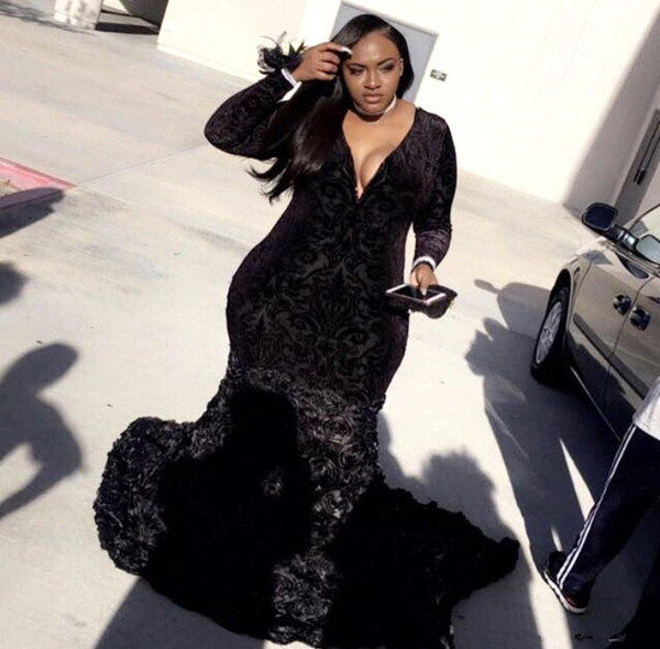 Plus Size African Black Girls Mermaid Prom Dresses Black Lace Long Sleeves Handmade Flowers Evening Party Gowns