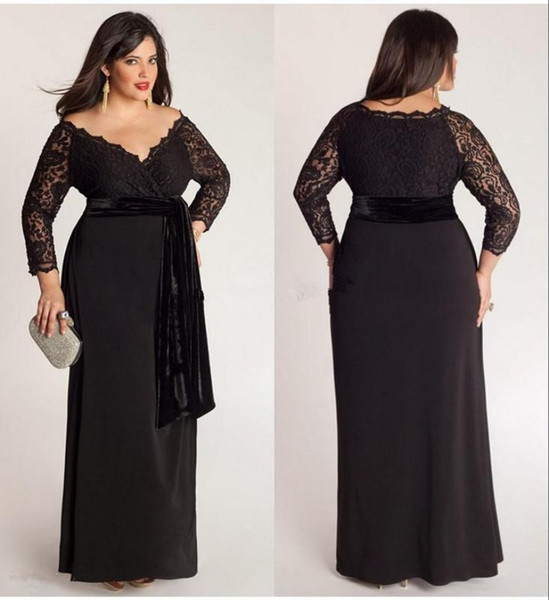 Black Plus Size Lace Long Sleeve Sheath Chiffon Evening Dresses V-Neck With Velvet Sash Floor Length Special Occasion Gowns Prom Dress