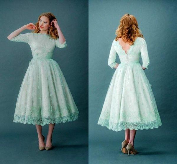 Tea Length Plus Size Prom Dresses 3/4 Sleeves Full Lace Applique A Line Evening Gowns Bateau Neck Vintage Formal Special Occasion Dress